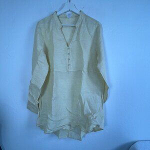 Sigrid Olsen Womens Yellow Linen Long-Sleeve Henley Tunic Top Casual Lightweight